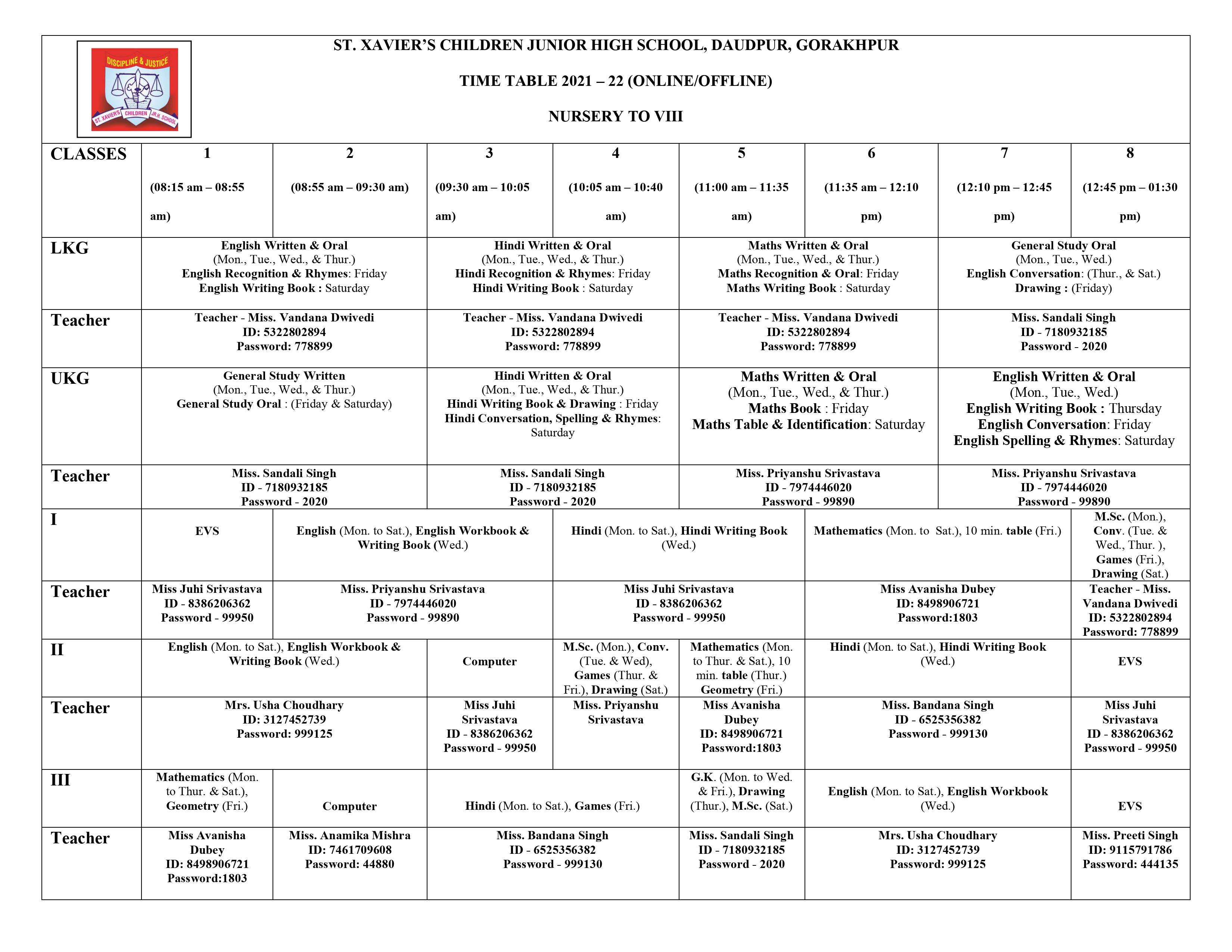 St. Xavier's Children Junior High School Zoom Class Schedule